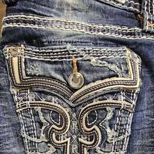 Rock Revival Distressed Blue Jeans with Cream Accents